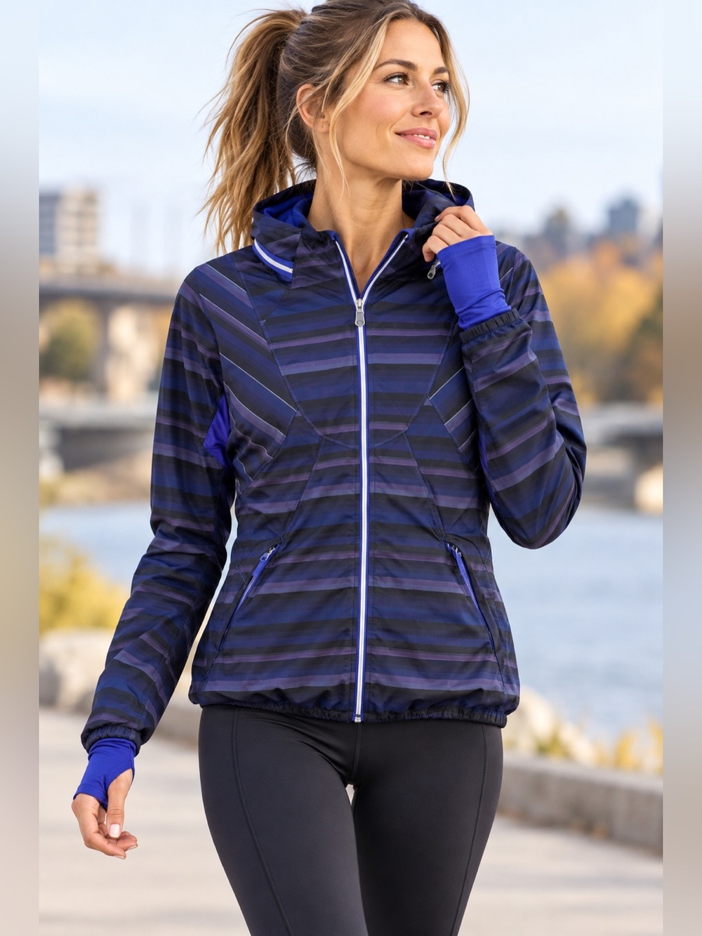 Lululemon Run Hustle Jacket Size 2 Blue Purple Striped Hooded Running
